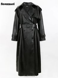 Womens Leather Faux Nerazzurri Spring Autumn Long Oversized Black Pu Trench Coat for Women Belt Double Breasted Loose Casual Korean Fashion 231010