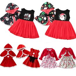 Girl's Dresses Christmas Girls' Santa Claus Hooded Cloak Dress For Kids Girl Sleeveless Mesh Skirt 2 Pcs Set Children Birthday Clothing 231010