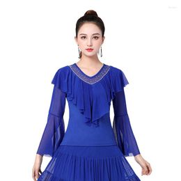 Stage Wear Noble Ruffle Leader Long Sleeve Dance Tops For Women Solid Colour Diamond Polished Lace V-Neck Latin Ballroom Dancewear