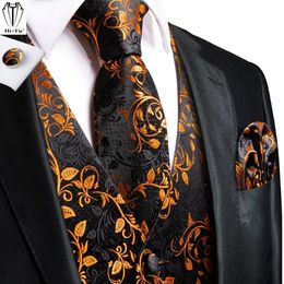 Men's Vests HiTie Jacquard Silk Mens Waistcoat Tie Set Sleeveless Jacket Necktie Hanky Cufflinks Suit Gold Blue Black Vest Wedding Business 231010