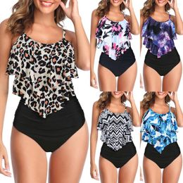 Women's Swimwear Womens Split Swimsuit Ruffle Vest Tummy Floral Printed High Waist Bikini Sets Padded Bathing Suit Bikinis 2023 Mujer