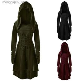 Theme Costume Vintage Womens Cosplay Mediaeval Renaissance Archer Comes Hooded Robe Lace Up Pullover Long Hoodie Dress Cloak Halloween Party Q240307