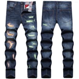 Men's Jeans High Quality Men Street Fashion Beggar Style Sew&mend Denim Pants Badge Embroidery Decors Blue Cool Casual Elastic