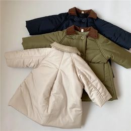 Пуховое пальто для мальчиков и детей, однотонная длинная куртка с хлопковой подкладкой, вельветовый толстый кардиган с отложным воротником, теплая удобная верхняя одежда для девочек, пальто 231009