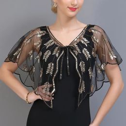Shawls Retro 1920s Beaded Sequin Shawl Vintage Flapper Evening Cape Sheer Mesh Embroidery Leaf Women Bolero Party Accessories 231010