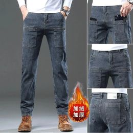 Men's Jeans 2023 Autumn/Winter Versatile Plus Fleece Thickened Six Pocket Vintage Slim Fit Casual Straight Leg Trousers