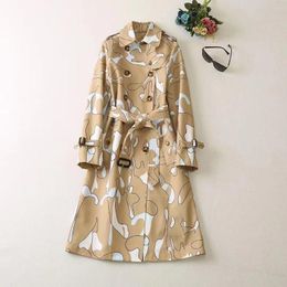 Women's Trench Coats European And American Wear For Winter 2023 Long-sleeved Double-breasted Printed Lapel Fashion Belt Coat
