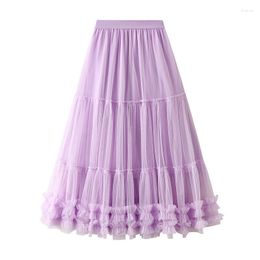 Skirts Heavy Industry Wooden Ear Stitching Big Swing Puffy Tulle Skirt Women High Waist Long Sweet Mesh Max Pleated Female