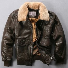 Men's Leather Faux Leather Fly Air Force Flight Jacket Fur Collar Genuine Leather Jacket Men Black Brown Sheepskin Coat Winter Bomber Jacket Male 231010