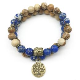 SN1281 Trendy Designer Buddha Head Bracelet Set Picture Jasper Dark Blue Regalite Bracelet Tree of Life Natural Stone Jewelry255W