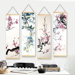 Paintings Nordic Wall Art Canvas Pictures Plum Blossom Landscape Poster Wooden Scroll Hanging Painting Printed Home Living Room Decoration 231009
