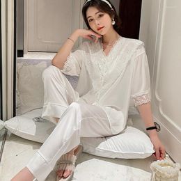 Women's Sleepwear Lace V-Neck Long Sleeve Pajamas Sleep Suit Women Two Pieces Shirt&Pants Sets Nightwear Satin Sexy Pyjamas Lingerie