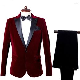 Men's Suits Wine Red /Blue Suit Casual Party Men Blazer Jacket Stage Slim Fit Velveteen Pants 2 Pieces