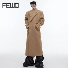 Men's Wool Blends FEWQ Men Trench Niche Shoulder Pad Fur Coat Simple Casual Long Knee Length 2023 Solid Color High Street Male Tops Autumn 24X1711 231009