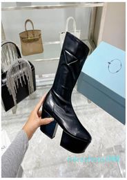 Designer Women Technical nappa leather platform boots Side zipper closure 29cm boot leg 70mm leathercovered