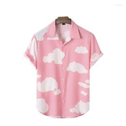 Men's Casual Shirts Men's Hawaiian Blue Sky White Clouds Simple Print Clothing Male Ladies Travel Party Clothes Oversized237E