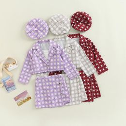 Clothing Sets FOCUSNORM 3-7Y Fashion Little Girls 4pcs Clothes Plaid Printed Long Sleeve Jacket Solid Vest A-Line Skirts Beanie Hats