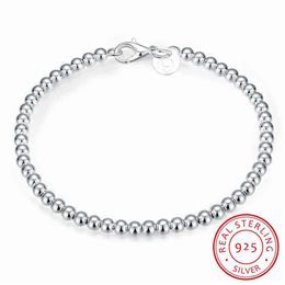 100% 925 Solid Real Sterling Silver Fashion 4mm Beads Ball Chain Bracelet 20cm for Teen Girls Lady Gift Women Fine Jewelry244G