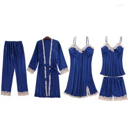 Women's Sleepwear Five-piece Pajamas Set Lace Robe Evening Dress Multi-color XXL Spring/autumn Long Sleeve Suspender Shorts Selling Homewear