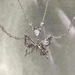 Necklace Earrings Set Silver Color Butterfly For Women Design Double Layered Pendant Clavicle Chain Elegant Neck Accessories