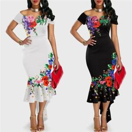 Casual Dresses Women Ladies Fishtail Ruffle Frill Dress Sexy Elegant Woman Floral Printing Stretch Bodycon Long Maxi311V