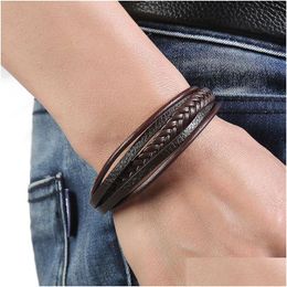 Charm Bracelets Men Classic Mti Layer Leather Bracelet Vintage Braided Rope Magnetic Clasp Wristband Wrap Bangle For Male Fashion Jewe Dhocq