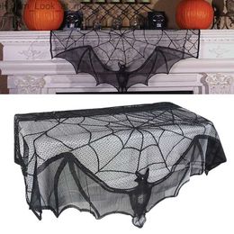 Other Event Party Supplies Halloween Bat Table Runner Black Spider Web Lace Tablecloth Fireplace Curtain for Halloween Party Home Decoration Horror Props Q231010