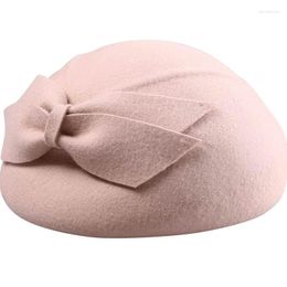 Berets Winter Autumn Women Hats Elegant Lady Wool Fedoras Bow Hat Small Dome Vintage Style Cap