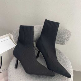 Autumn And Winter New Fashion Short Boots Pointed Fine Heel High Heel Martin Boots Knitted Elastic Boots Socks Boots Women's Boots 1016