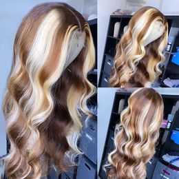 Malaysian Brown Blonde Highlight Wavy Simulation Human Hair Wigs Transparent HD 13X4 Lace Frontal Body Wave Synthetic Wigs Glueless Pre Plucked For Women