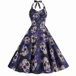 Theme Costume Sexy Halter Strapless Gothic Retro Rave Party Dresses Women 2023 Robe Swing Skull Print Scarey Halloween Costumes Midi Vestidos x1010