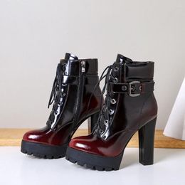 Boots Womens Patent Leather Match Colors Ankle Belt Buckle Block High Heel Lace Up Punk Motorcycle Shoes Plus Size 2023