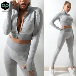 Women's Tracksuits 2PCS Long Sleeve Gym Cropped Top Seamless Leggings Yoga Set Workout Clothes Women Sport Suit Fitness Set S-2XL Women's Tracksuit 231010