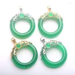 Pendant Necklaces Superb 30X30MM Inlaid Stone Imitation Green Jades Hollow Cutting Amulet Rondelle 1PCS