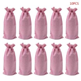 10pcs Rustic Linen Drawstring Champagne Red Wine Bottle Bag Gift Packaging Wrap Simple