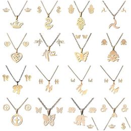 Earrings & Necklace 16 Styles 316L Stainless Steel Jewellery Sets Crown Skl Butterfly Elephant Heart Pendant Necklace Earring Set For Wo Dh8Je