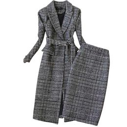 Work Dresses Plaid Suit Women Autumn Winter Long Woolen Blazer & Skirt Set Temperament Tweed Trench Two Piece Plus Size Outfit F18276J