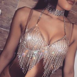 Sexy Women Nightclub Bling Rhinestones Party Body Chain Jewellery Bikini Waist Gold Belly Beach Harness Slave Necklace Bra Cami Tops291c
