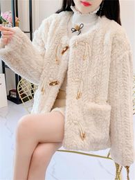 Women's Fur Winter Fashion Coat Lamb Wool Thick Warm Short Loose Cow Horn Button Round Neck Cute Kawaii Student