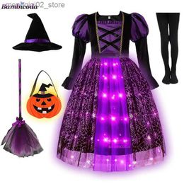 Theme Costume Sparkly Witch Halloween Comes for Girls Led Light up Purple Long Dress for Kids Carnival Cosplay Outfit with Broom Hat Q240307