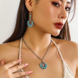 Necklace Earrings Set IngeSight.Z Bohemia Water Drop-shaped Blue Stone Pendant Women Ethnic Silver Colour Metal Chain Jewellery