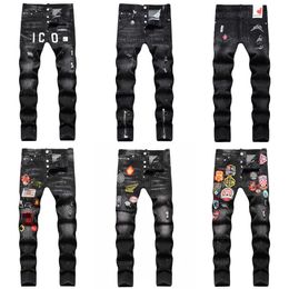 D2 Designer para Mens Dsquare DSQ2 Trendy Hip-hop Calças Rasgadas Preto Digital Impresso Mid Rise Pequena Perna Reta Calças Jeans Homens Jeans Designers Pant