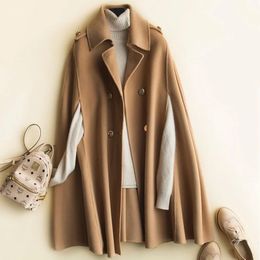 Women's Wool Blends 100% Wool Mid Long Bat Cape Women Woollen Coats Autumn Loose Double Sided Cashmere Coat Female Fashion Brown Outerwear 231010