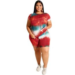 Women's Tracksuits S-5xl Plus Size Sets Tie Dye Two Piece Set Women T Shirt Crop Top Shorts Elastic Waist Tracksuit Wholesale Drop FT713 231010