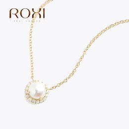 Pendant Necklaces ROXI Round Pearl Pendant Necklace 925 Sterling Silver Zircon Bezel Inlaid Jewellery Ladies Personality Vintage Accessories Gift 231010