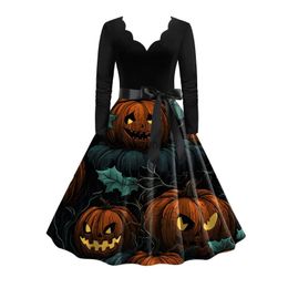 Theme Costume Pumpkin Print Women Costumes Halloween Party Dresses 2023 Autumn Robe Vintage 50s 60s Pinup Sexy V-Neck Long Sleeve Vestidos 3XL x1010
