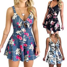 Women Sexy Playsuit Sleeveless Bow Floral Print Waist Tight Jumpsuit Romper Soft and lightweight fabric V Neck jumpsuit300D