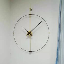 Diameter 60CM Nordic modern minimalist Spanish wall clock with 3/9 scale single pole single circle black walnut large dial mute clock