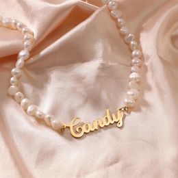 Pendant Necklaces VishowCo Personalized Pearl Name Necklace Custom Pearl Chain Jewelry Letter Pendant Choker Gold Nameplate Jewelry Mother Gift 231010