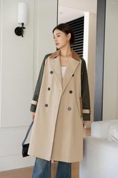 Women's Trench Coats Tri-Color Stitching Gabardine Cotton Long For Windbreaker